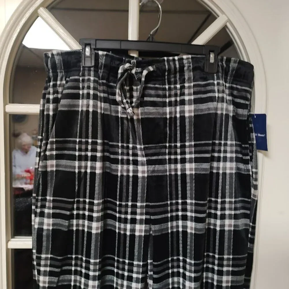 New Preswick & Moore Black White Plaid Silky Fleece Sleep Pants Men's 2XL